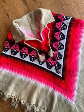 Hand Crafted Pink Red Beige Aztec Hooded Poncho
